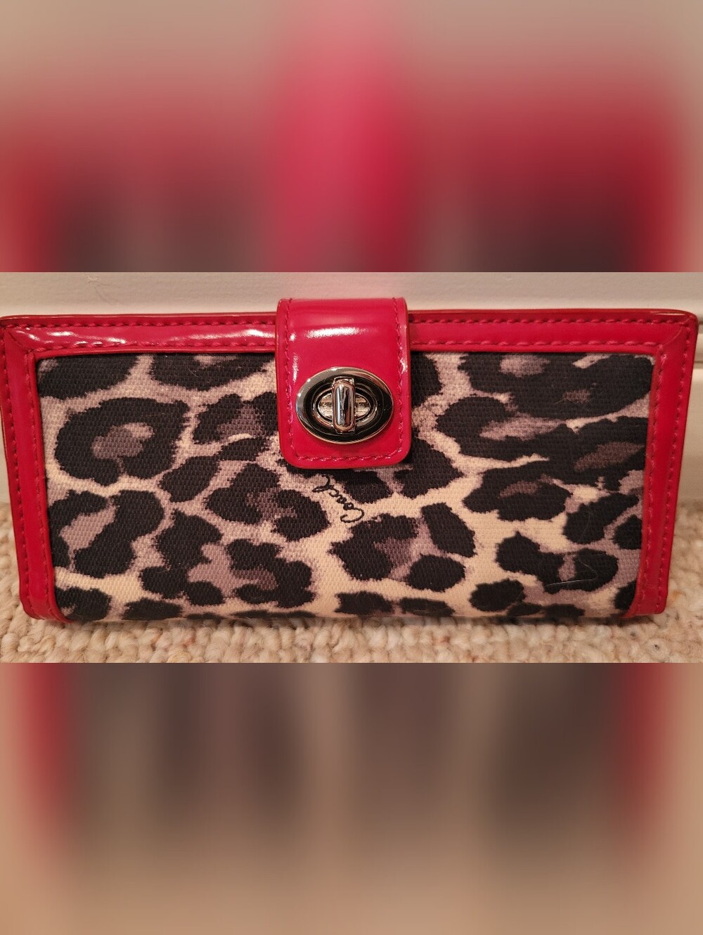 Leopard Print Canvas Clutch with Red Patent Trim